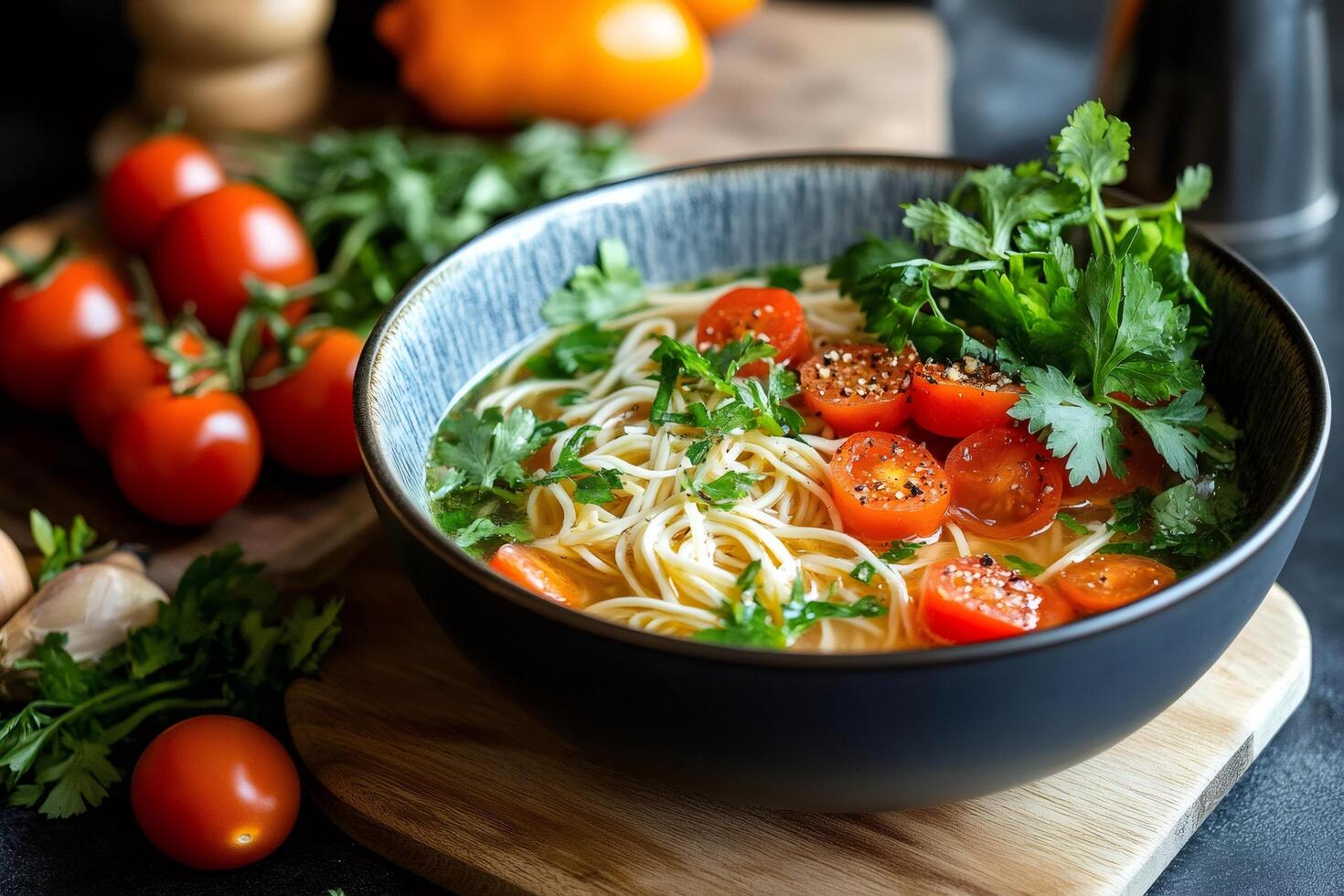 Bowl of delicious hot noodle soup with cherry tomatoes and fresh herbs photo