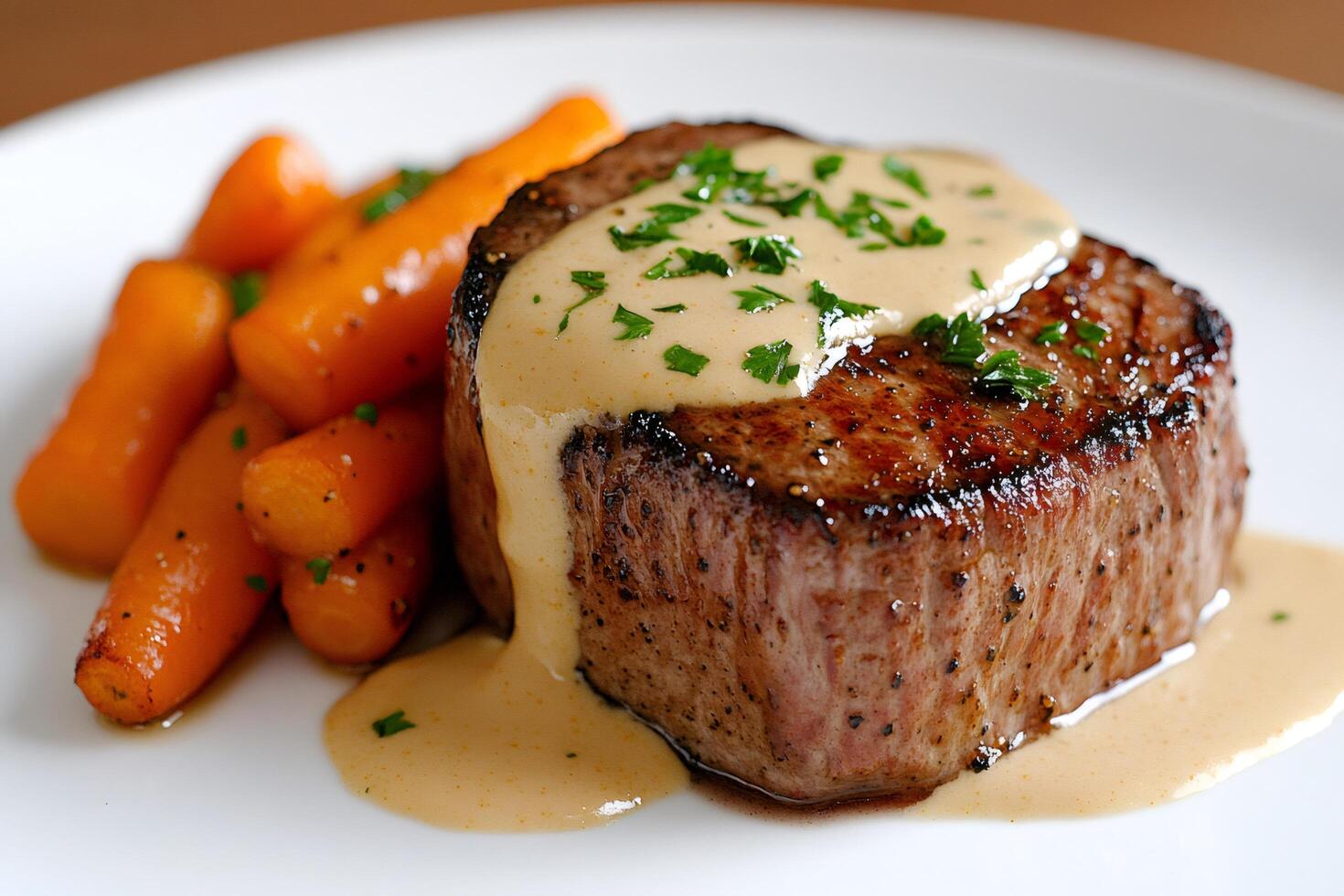 Juicy grilled filet mignon steak with creamy sauce and roasted carrots photo
