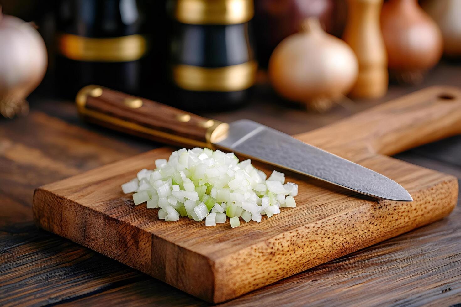 Finely diced white onion on wooden cutting board with knife photo