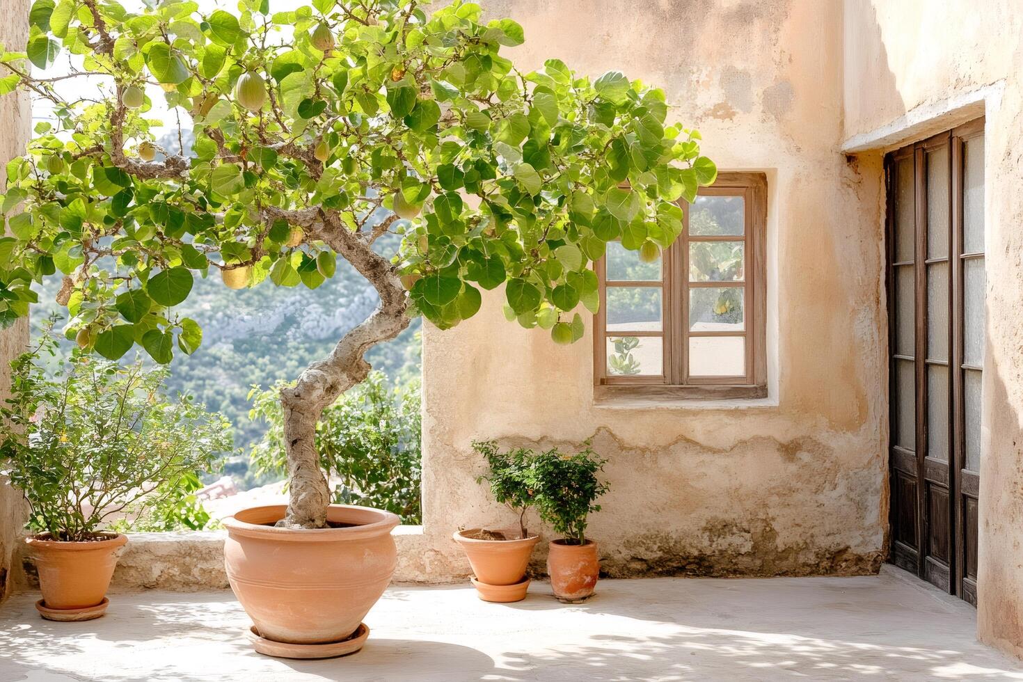 Potted fig tree growing on a terrace overlooking a valley photo