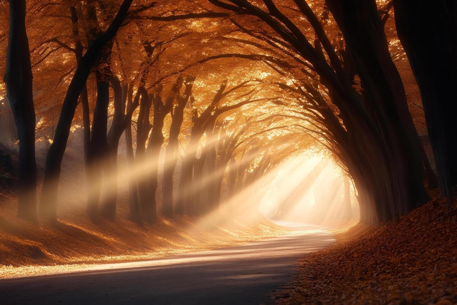 Beautiful sunbeams illuminating scenic road during autumn season photo