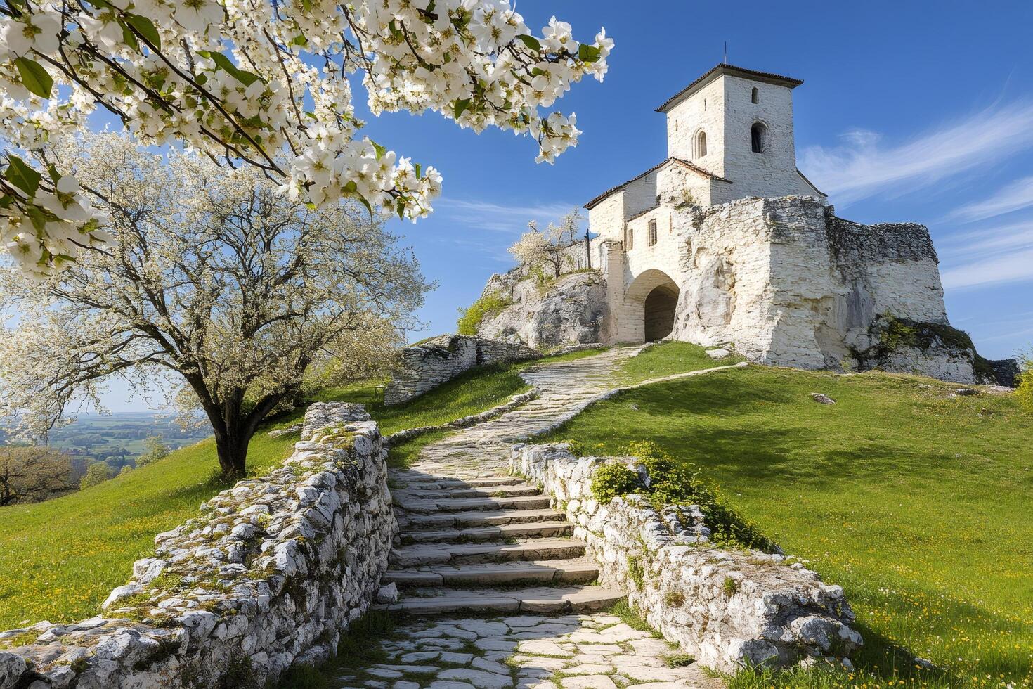 Stone pathway leading to the gate of the medieval castle during spring, with blooming tree and green grass photo