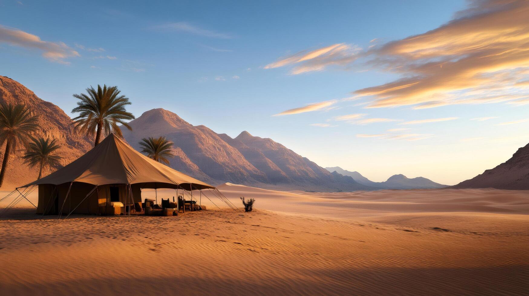Glamping tent standing in the desert at sunset with palm trees and mountains photo