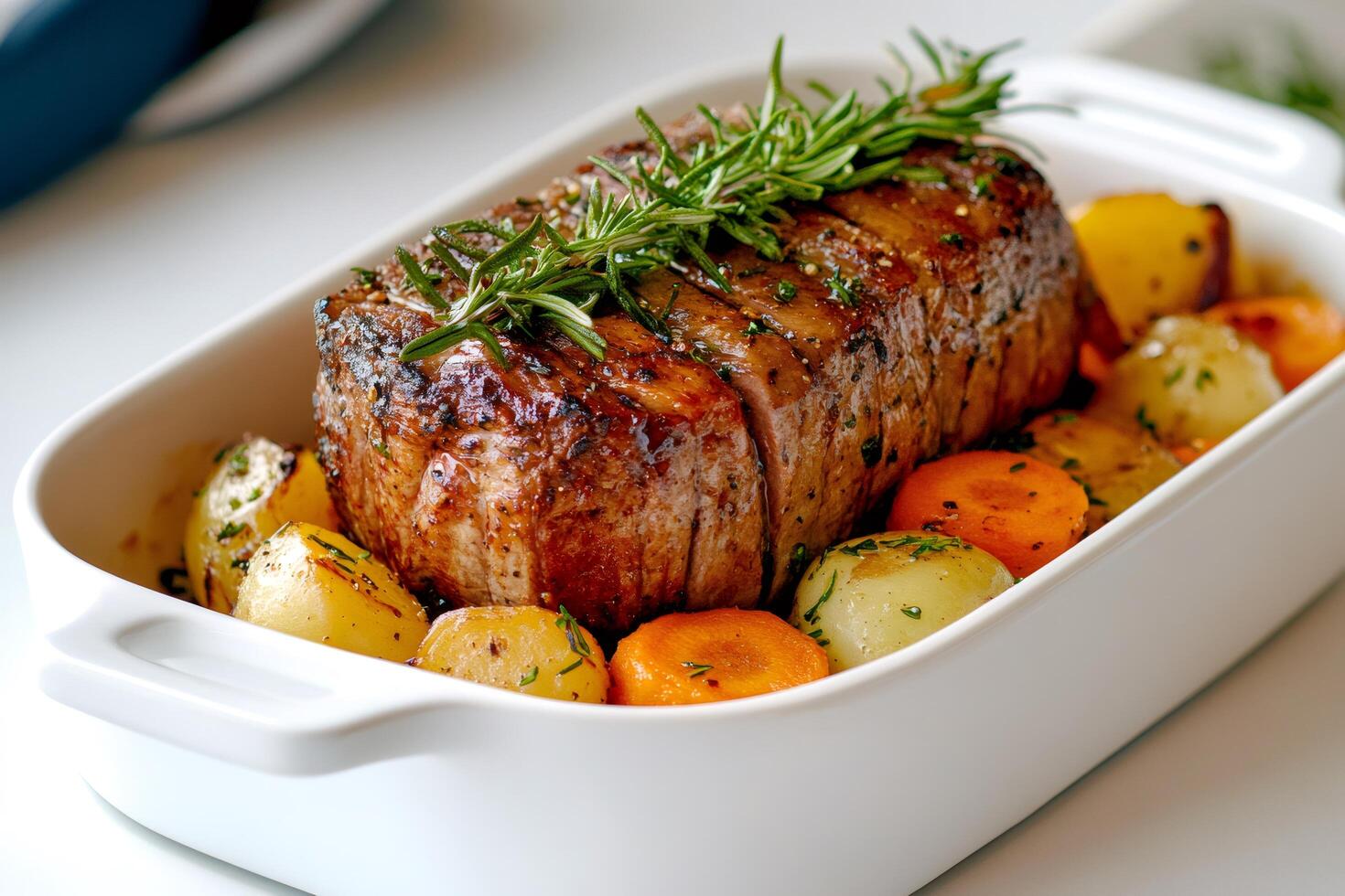 Sliced roast beef with rosemary and vegetables in white baking dish photo