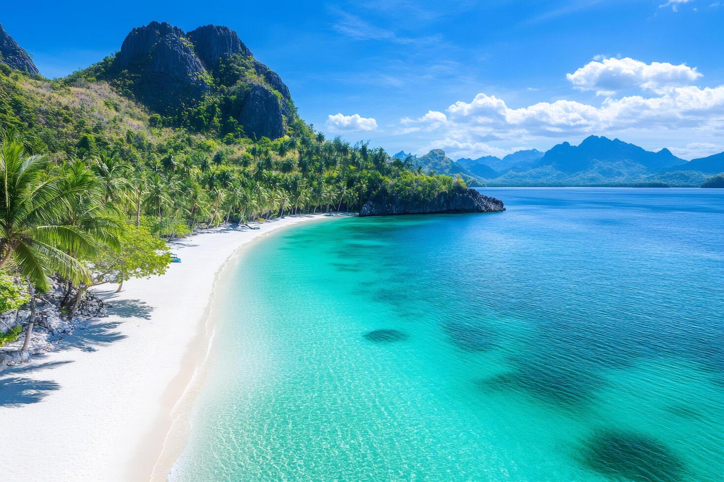 Tropical white sand beach and turquoise water meeting lush green jungle in Coron, Palawan, Philippines photo