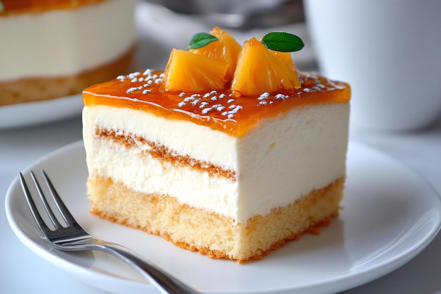 Delicious pineapple cake slice decorated with jelly and icing sugar photo