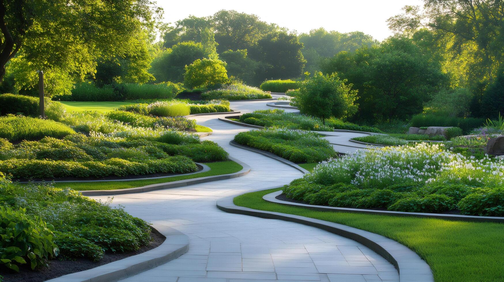 Winding path meandering through a lush green botanical garden photo