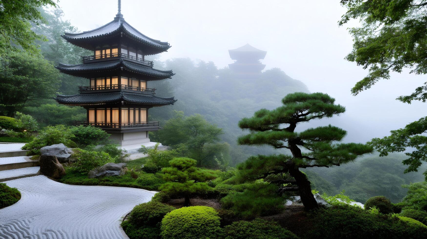 Illuminated korean pagoda standing in misty botanical garden photo