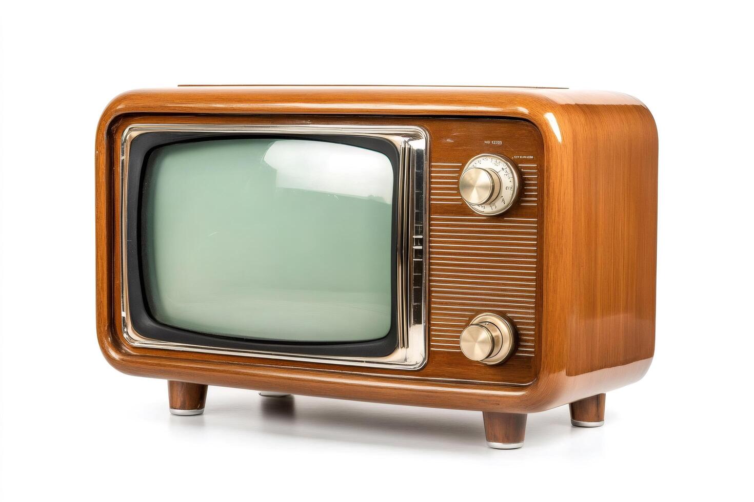 Vintage wooden television set showing static screen isolated on white background photo