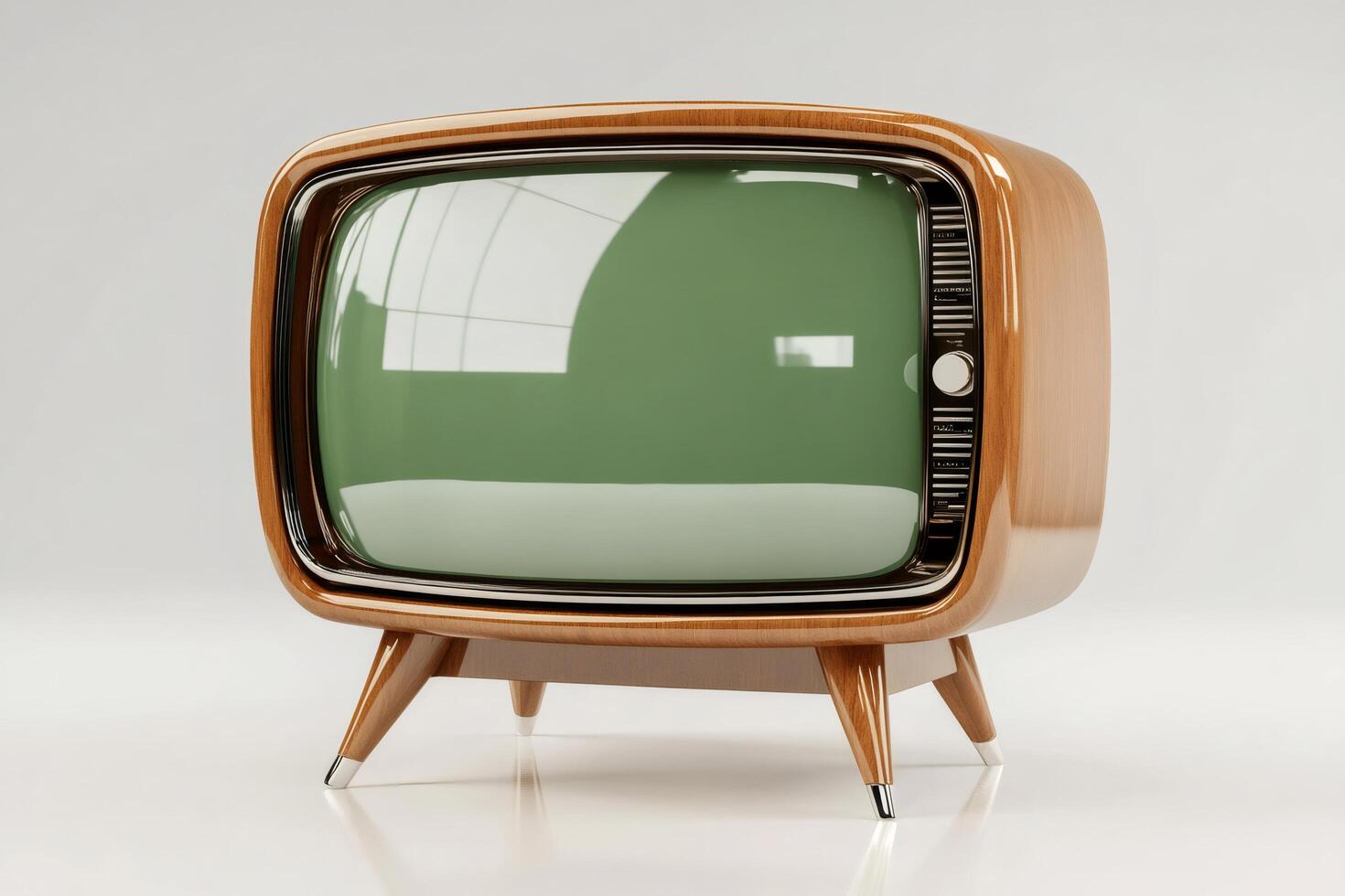 Vintage wooden television set showing green screen on white background photo