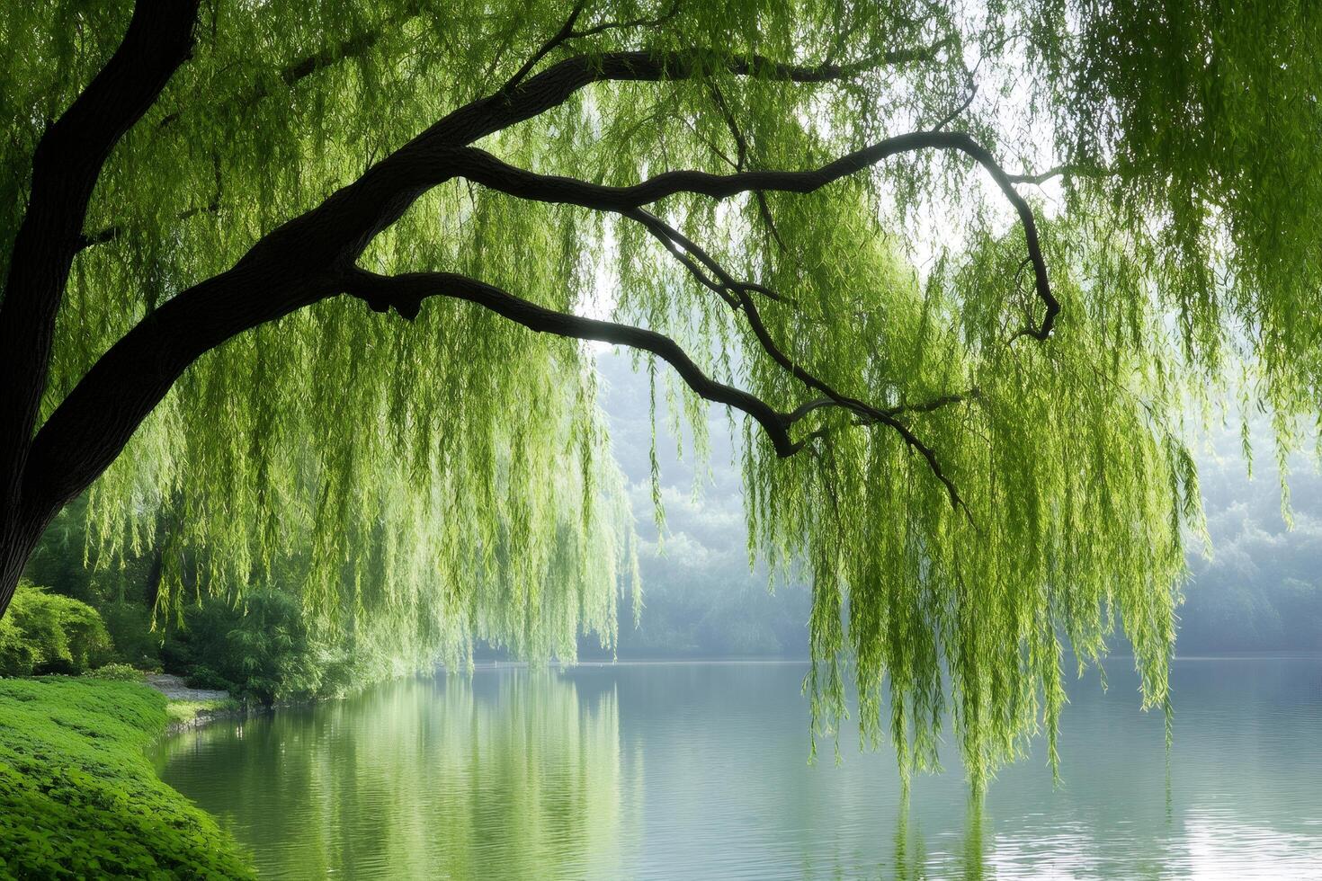 Weeping willow tree reflecting in a calm lake in spring photo