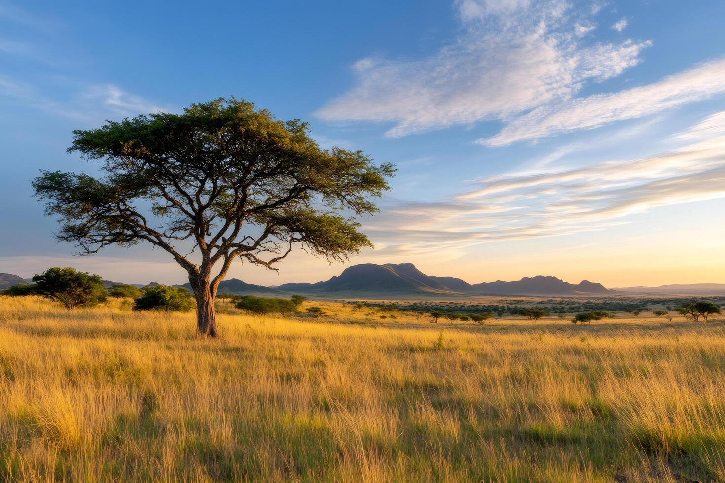 Scenic view of african savanna with acacia tree and mountains at sunset photo