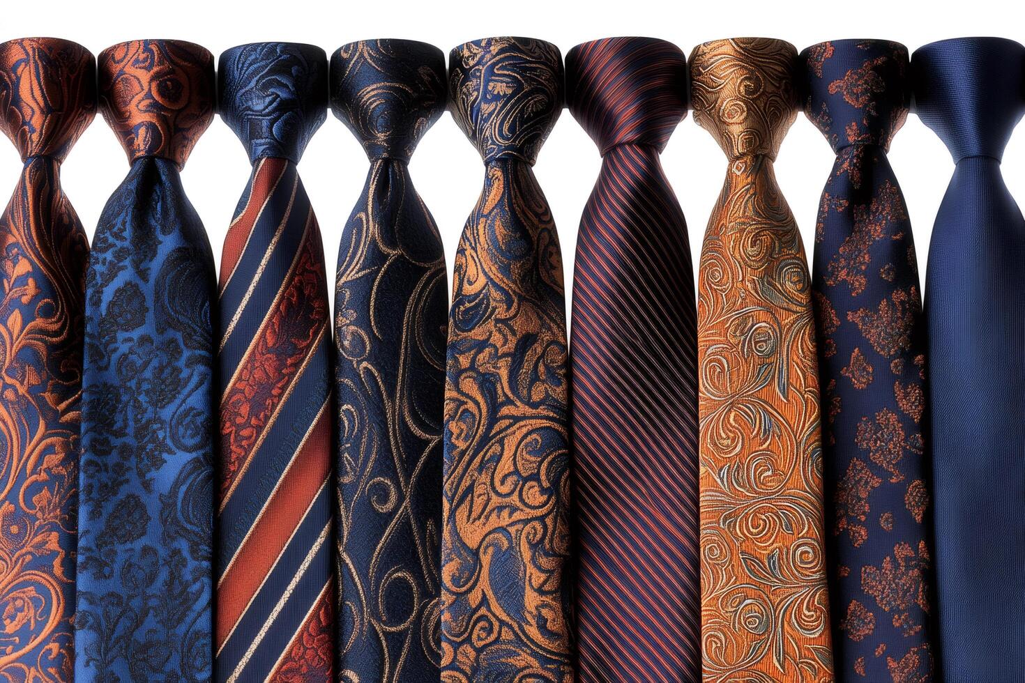 Elegant neckties with various patterns hanging on a white background photo