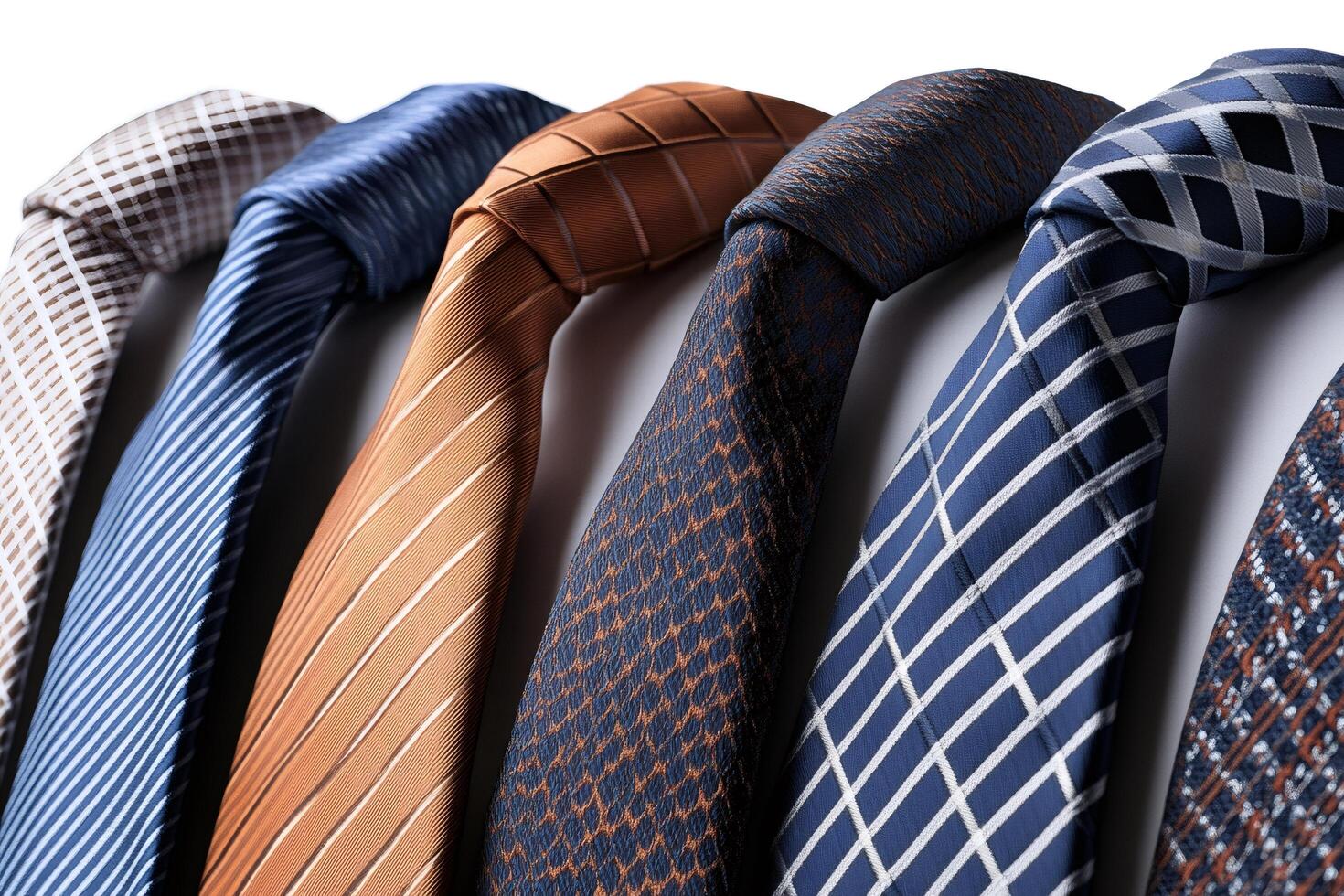 Elegant neckties hanging and showing different patterns and colors photo