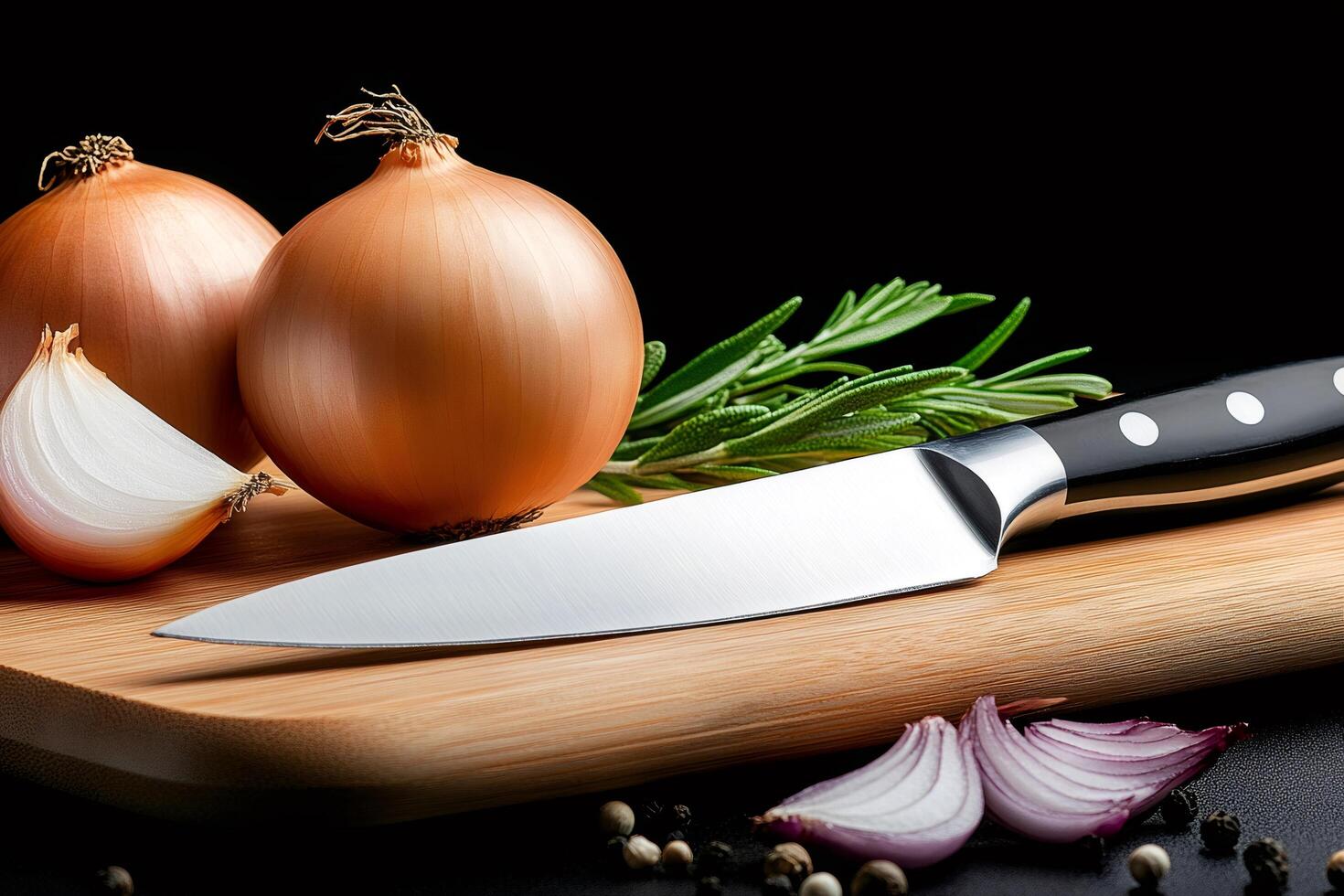 Chef knife laying on cutting board with onions, rosemary and peppercorns photo