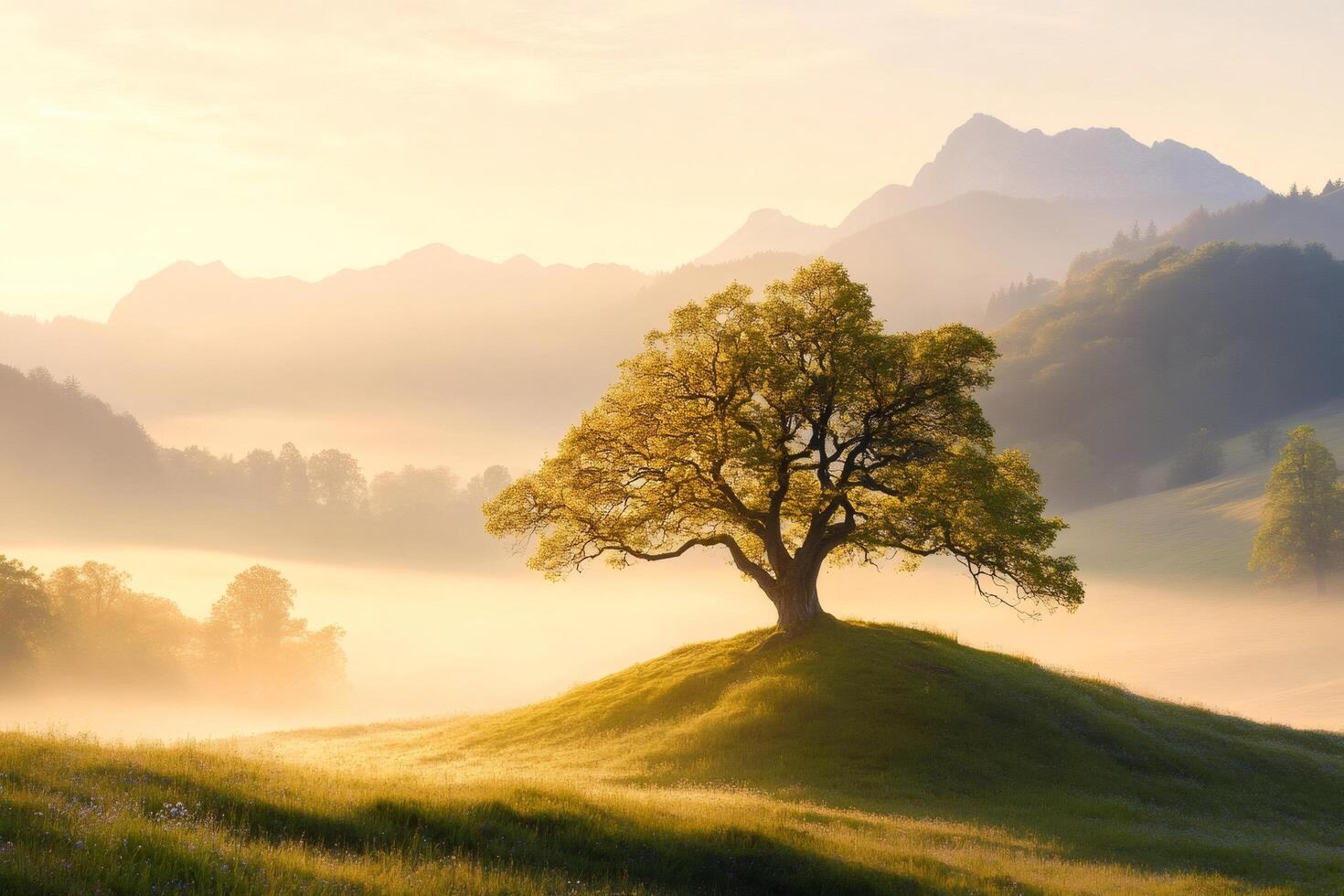Lonely tree standing on a hill at sunrise in a foggy valley photo