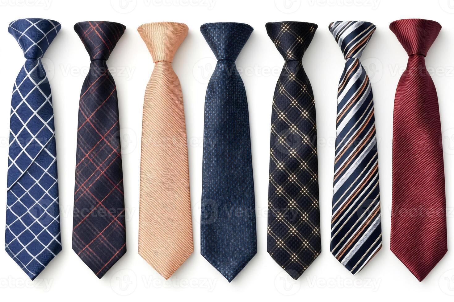 Seven elegant ties showing different patterns, lying on a white background photo