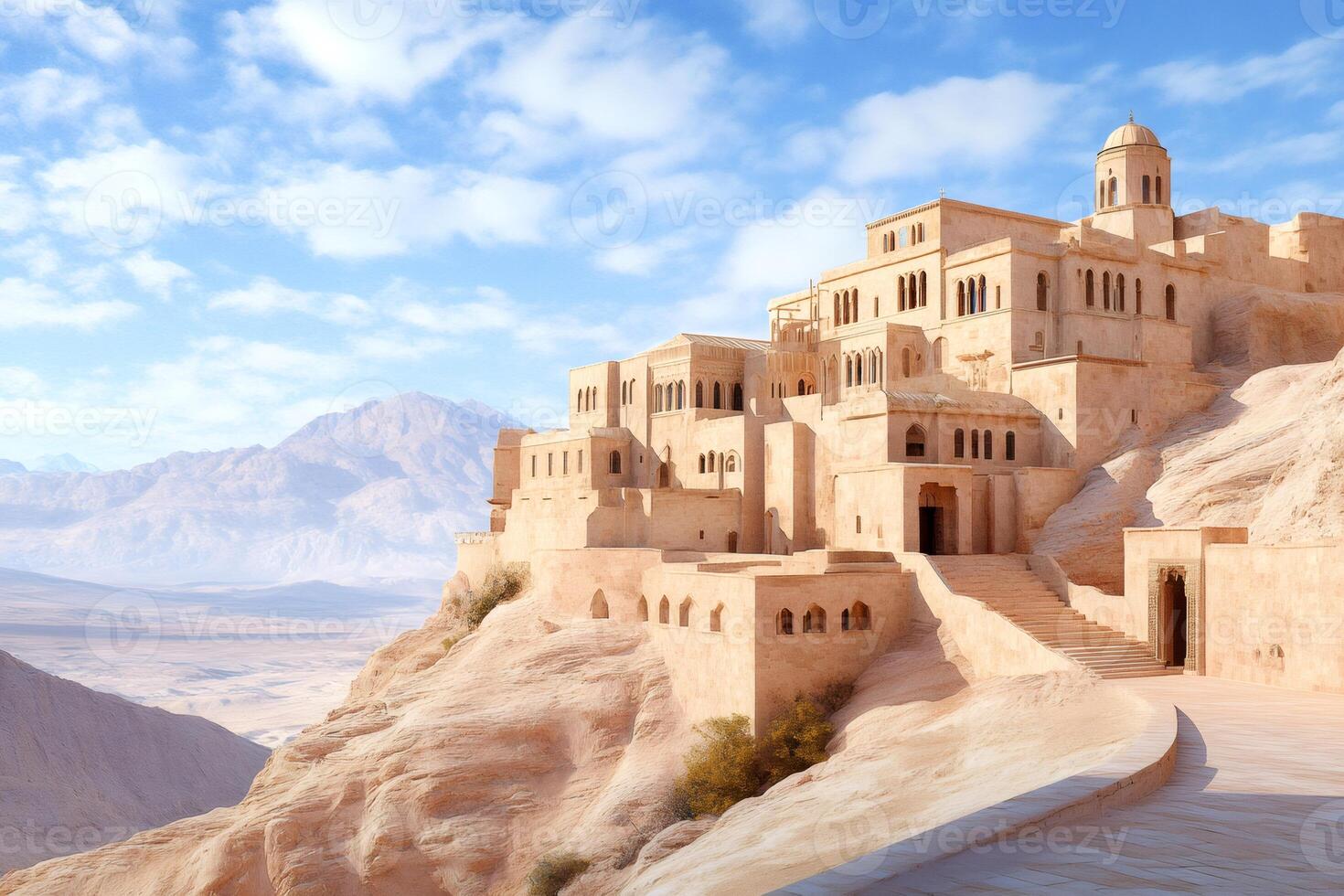 The Monastery rising on a rocky mountain in the desert under a blue sky photo
