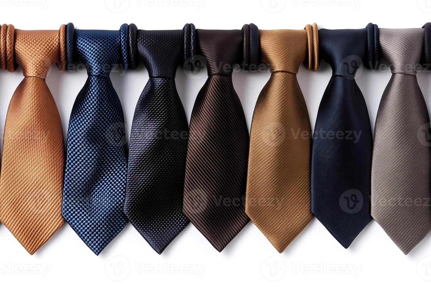 Elegant neckties hanging on a white background showing different colors and patterns photo
