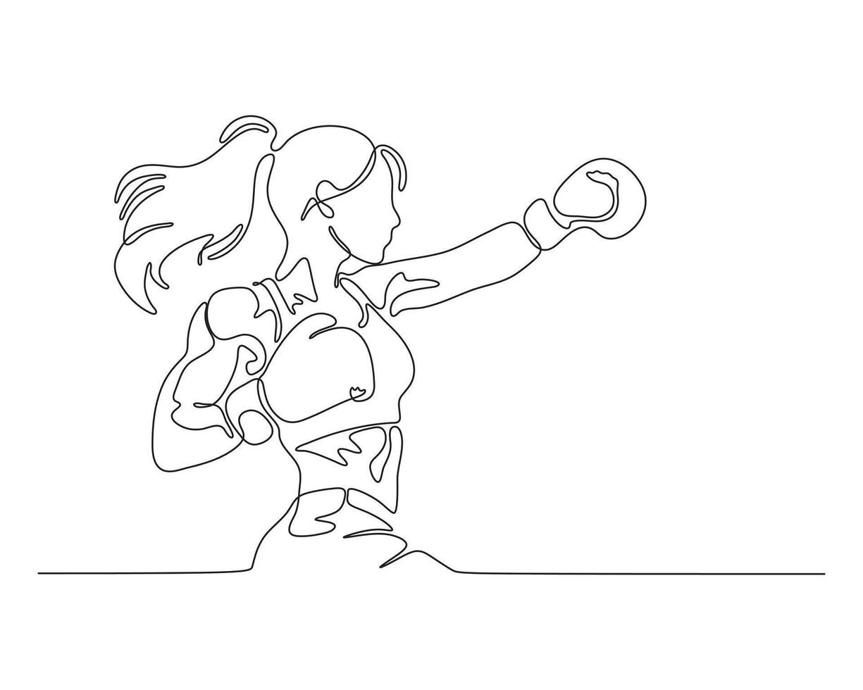 Single continuous line drawing of a woman throwing a punch in boxing. Sport and training concept. vector