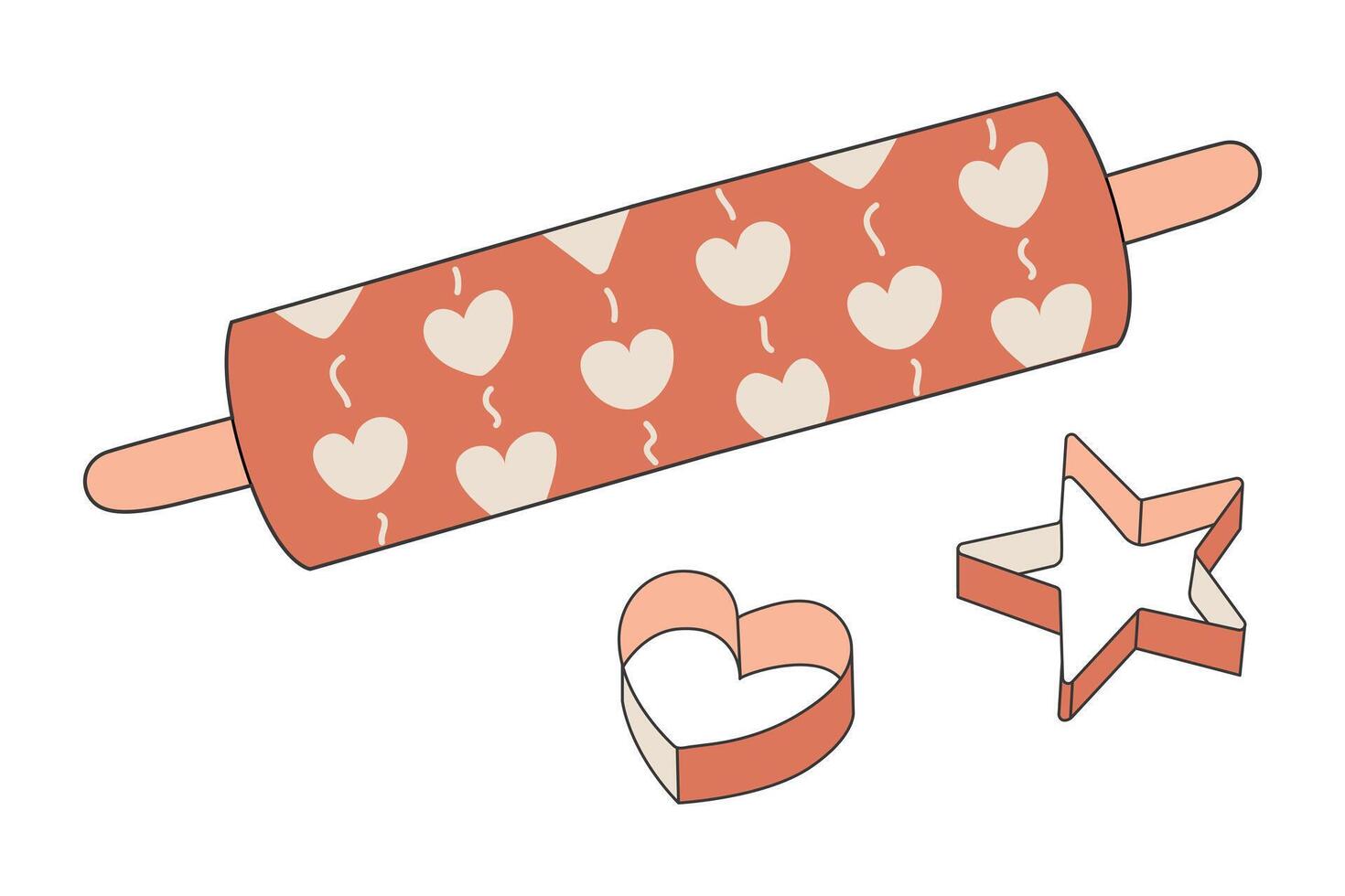 Patterned Rolling pin and cookie Cutter in shape of Heart and Star. Kitchen utensils for cooking sweets for Valentine Day. Textured wooden accessory for baker. Dough figures. illustration. vector