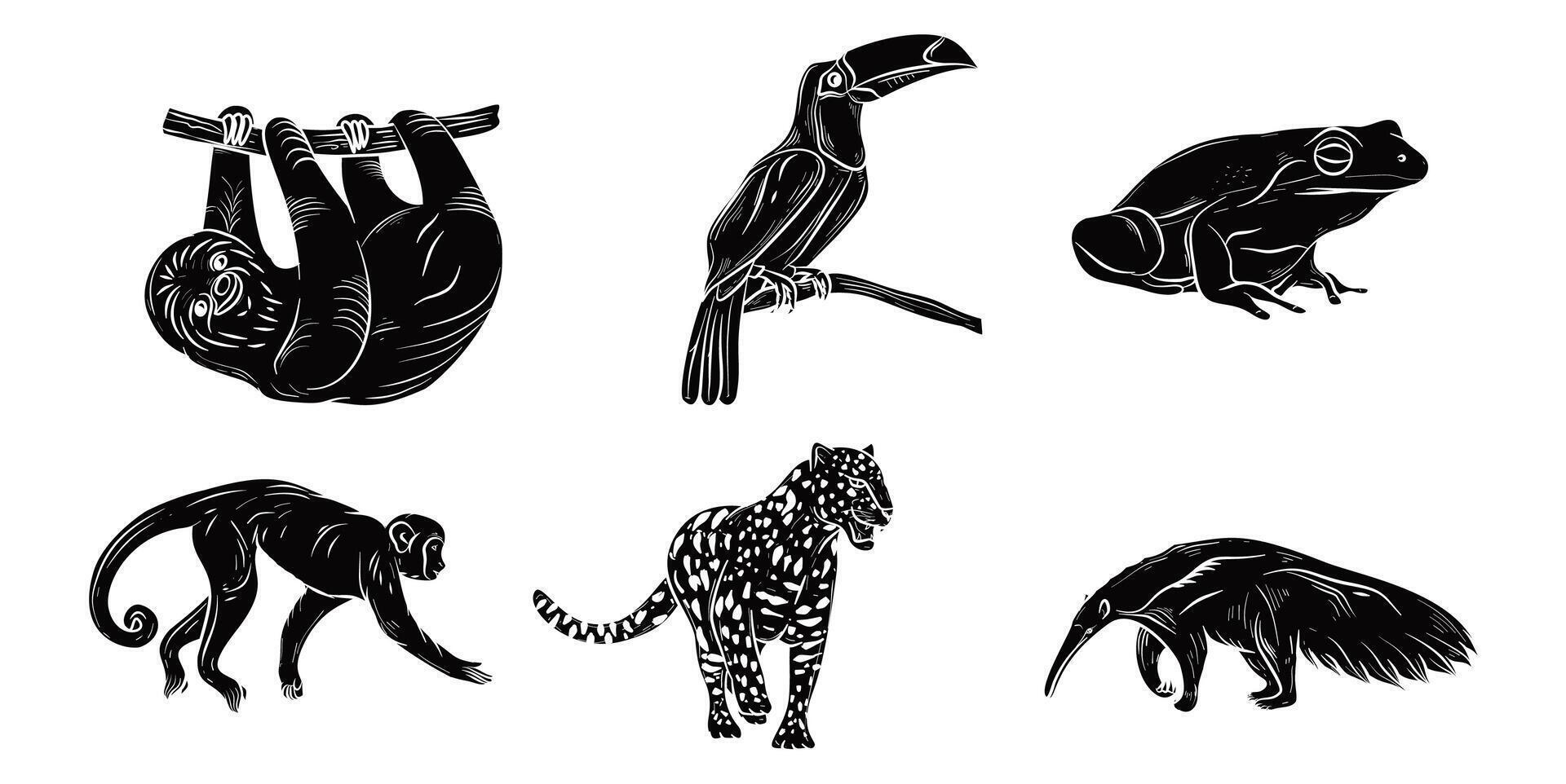 Rainforest Animals Silhouette Set Illustration vector