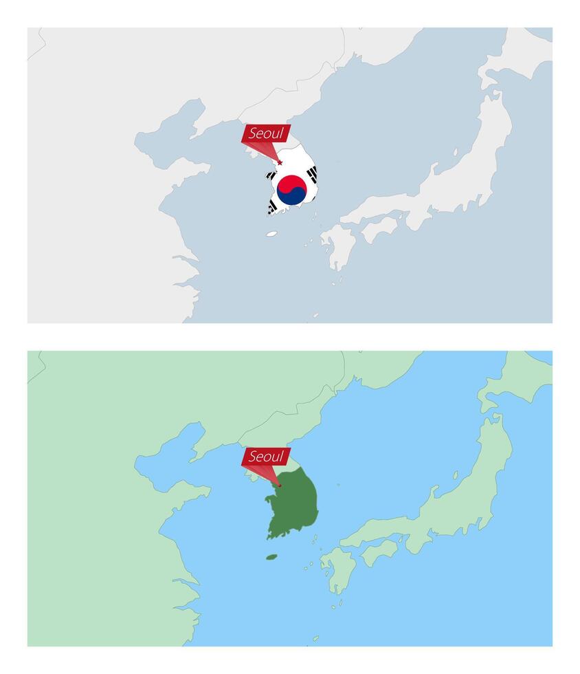 South Korea map with pin of country capital. Two types of South Korea map with neighboring countries. vector