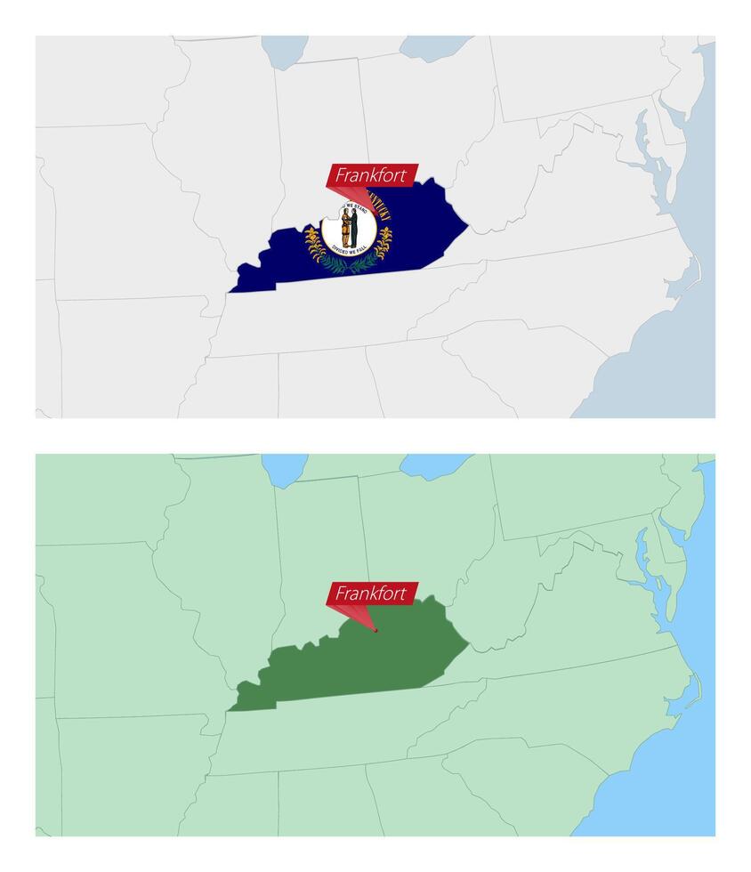 Kentucky map with pin of country capital. Two types of Kentucky map with neighboring countries. vector