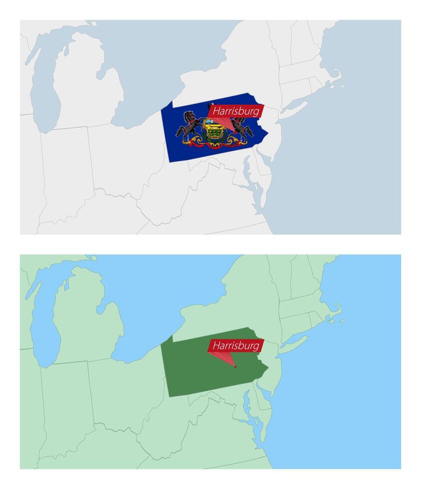 Pennsylvania map with pin of country capital. Two types of Pennsylvania map with neighboring countries. vector
