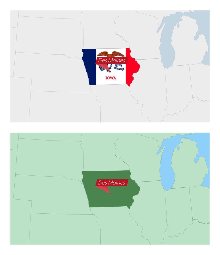 Iowa map with pin of country capital. Two types of Iowa map with neighboring countries. vector