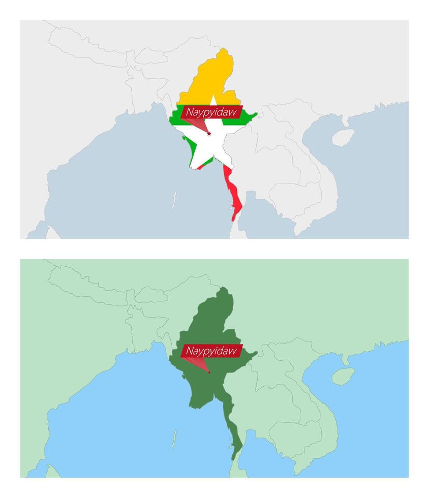 Myanmar map with pin of country capital. Two types of Myanmar map with neighboring countries. vector