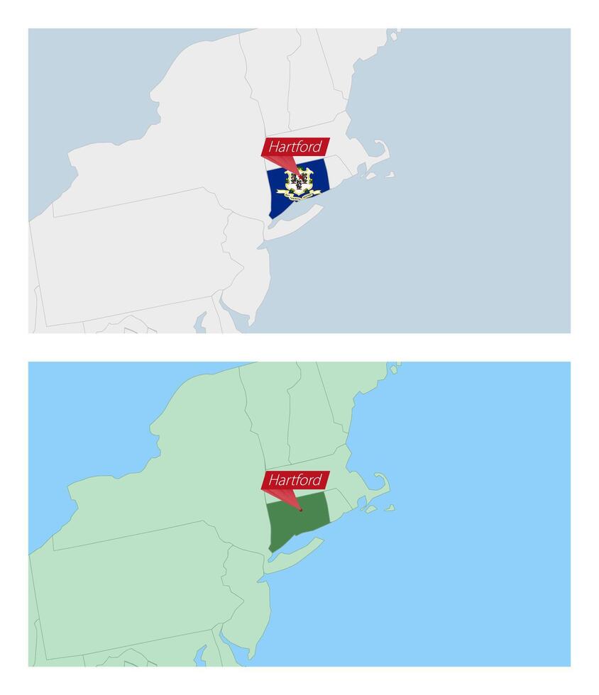 Connecticut map with pin of country capital. Two types of Connecticut map with neighboring countries. vector