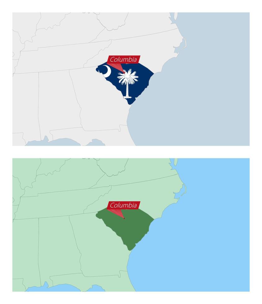 South Carolina map with pin of country capital. Two types of South Carolina map with neighboring countries. vector