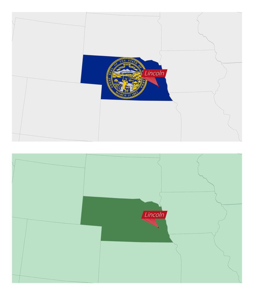 Nebraska map with pin of country capital. Two types of Nebraska map with neighboring countries. vector