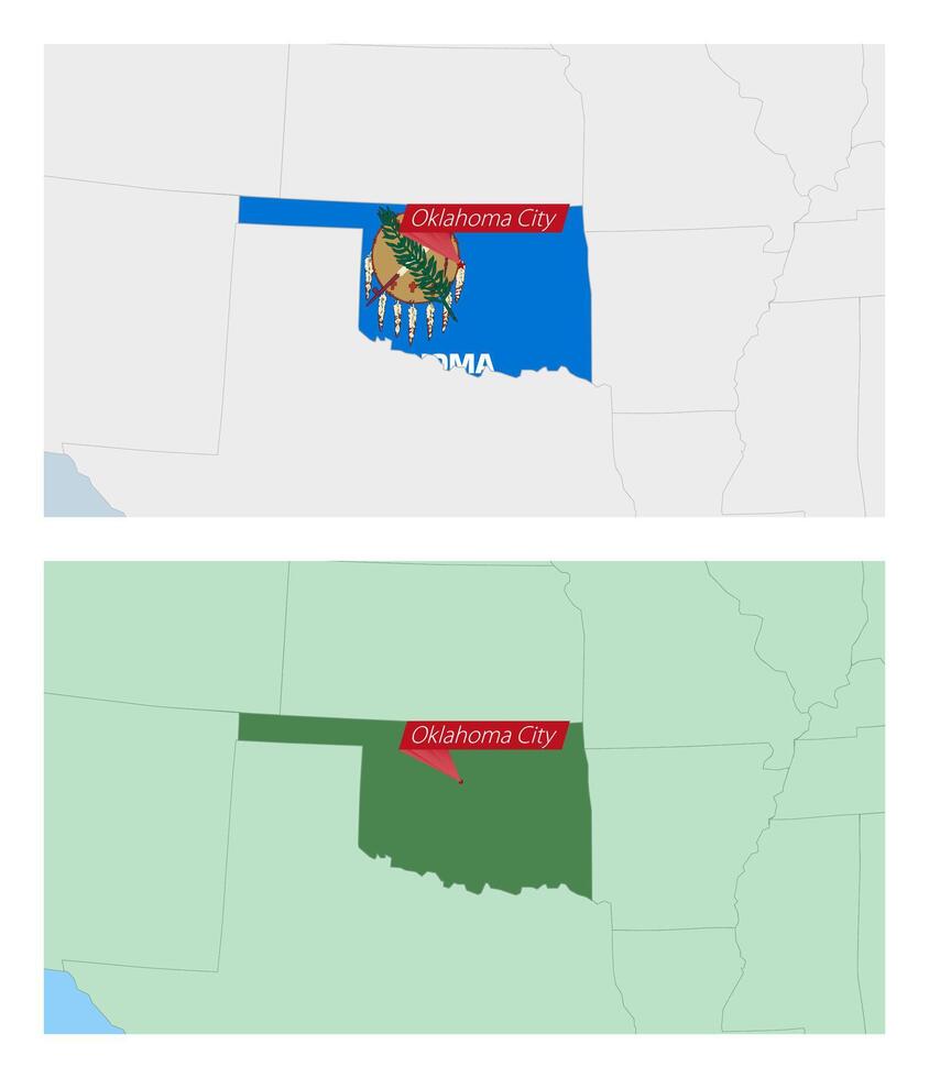 Oklahoma map with pin of country capital. Two types of Oklahoma map with neighboring countries. vector