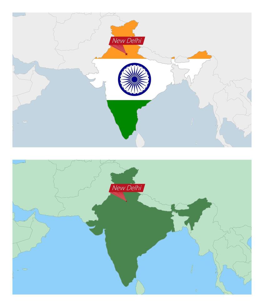 India map with pin of country capital. Two types of India map with neighboring countries. vector