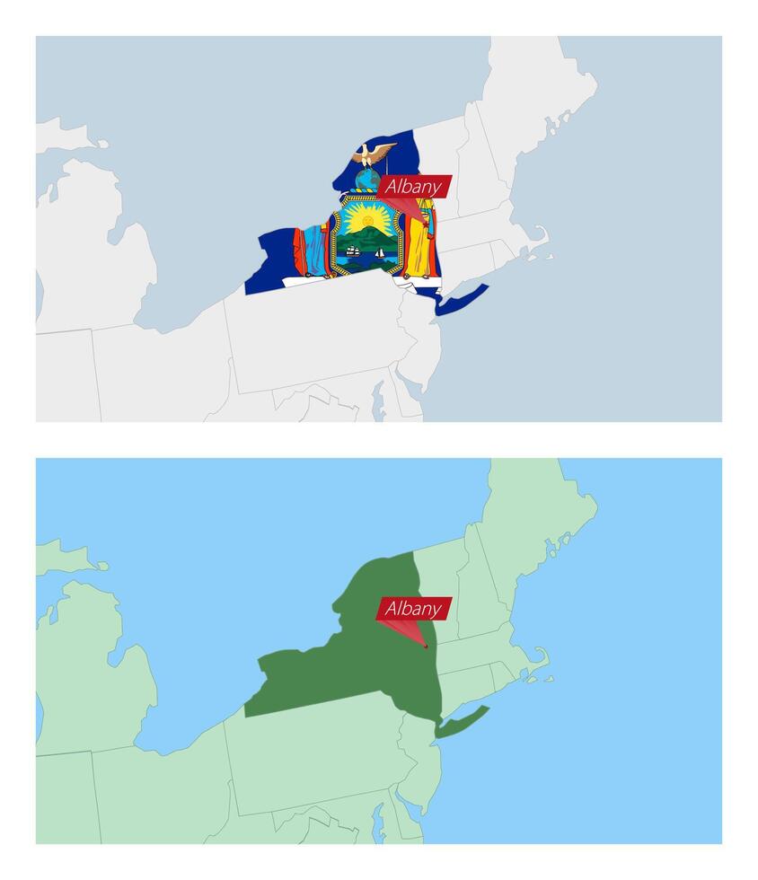 New York map with pin of country capital. Two types of New York map with neighboring countries. vector