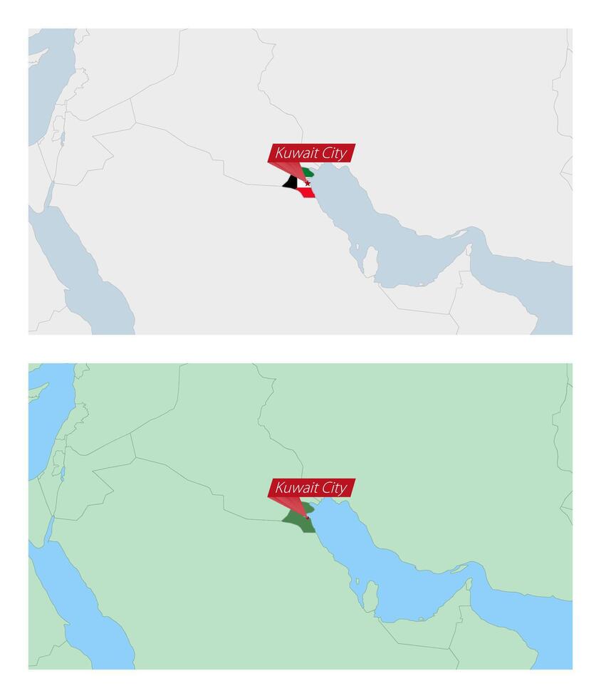 Kuwait map with pin of country capital. Two types of Kuwait map with neighboring countries. vector