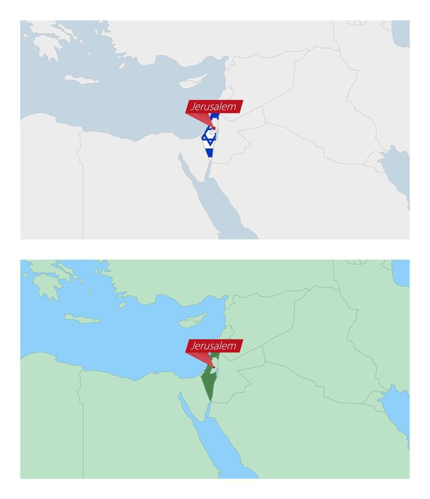 Israel map with pin of country capital. Two types of Israel map with neighboring countries. vector