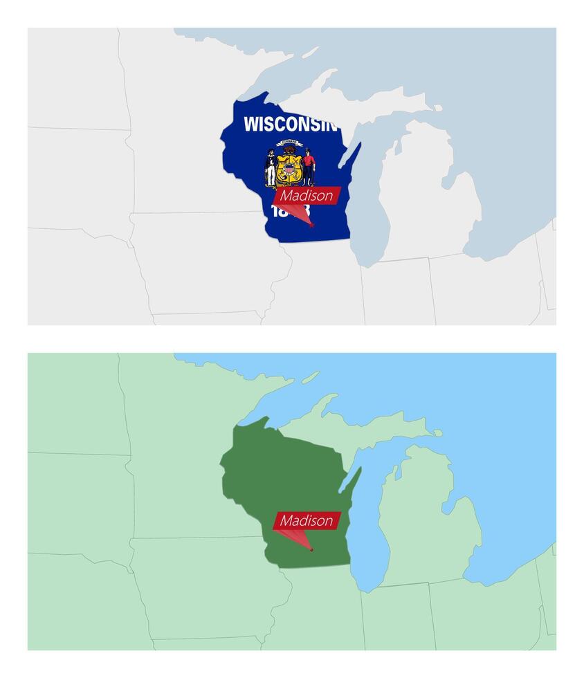 Wisconsin map with pin of country capital. Two types of Wisconsin map with neighboring countries. vector