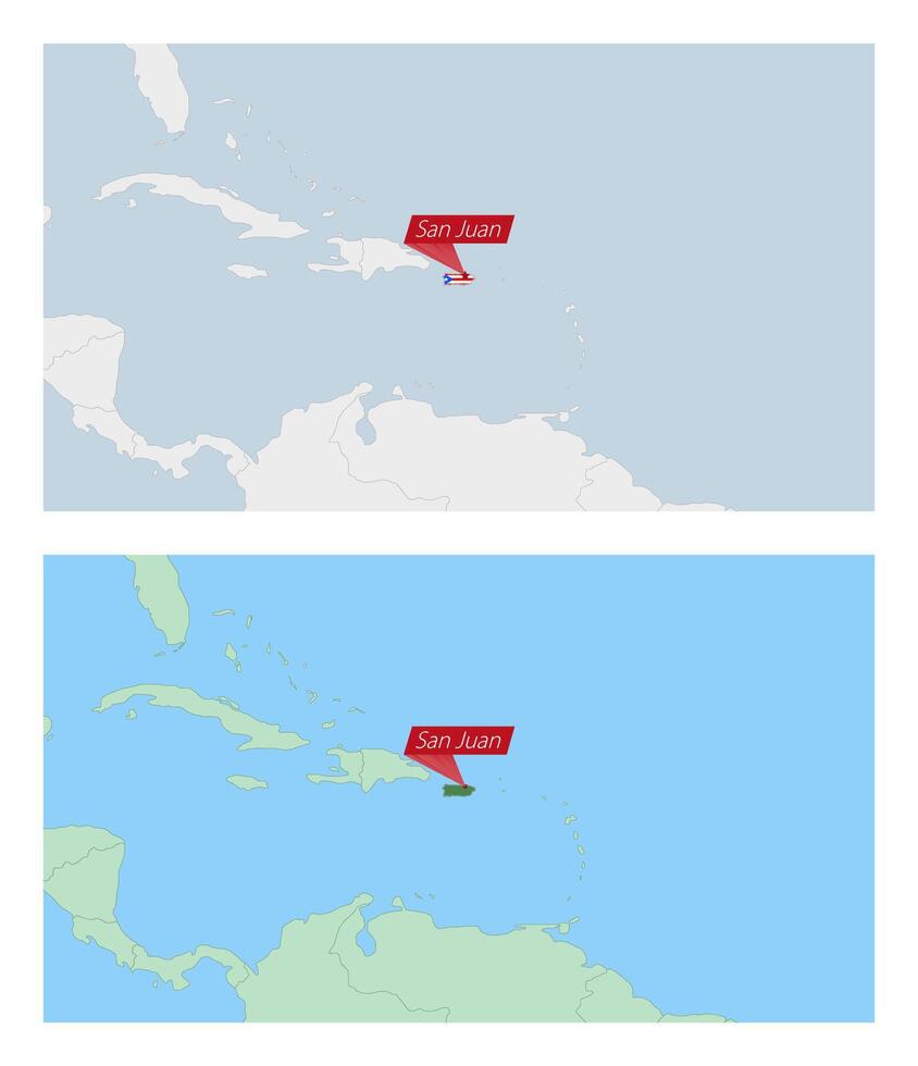 Puerto Rico map with pin of country capital. Two types of Puerto Rico map with neighboring countries. vector