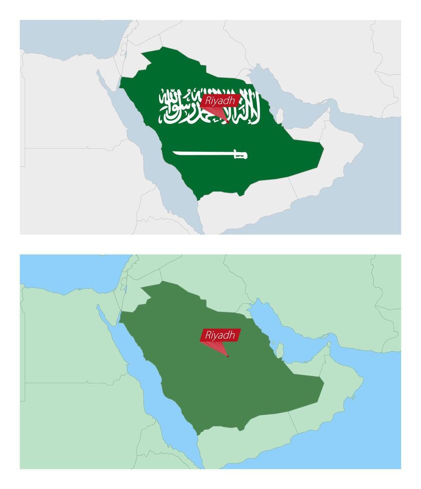 Saudi Arabia map with pin of country capital. Two types of Saudi Arabia map with neighboring countries. vector