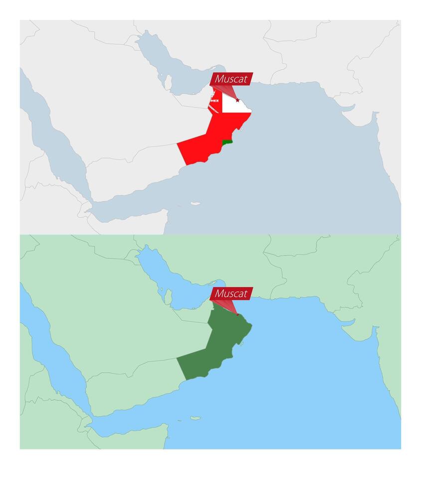 Oman map with pin of country capital. Two types of Oman map with neighboring countries. vector