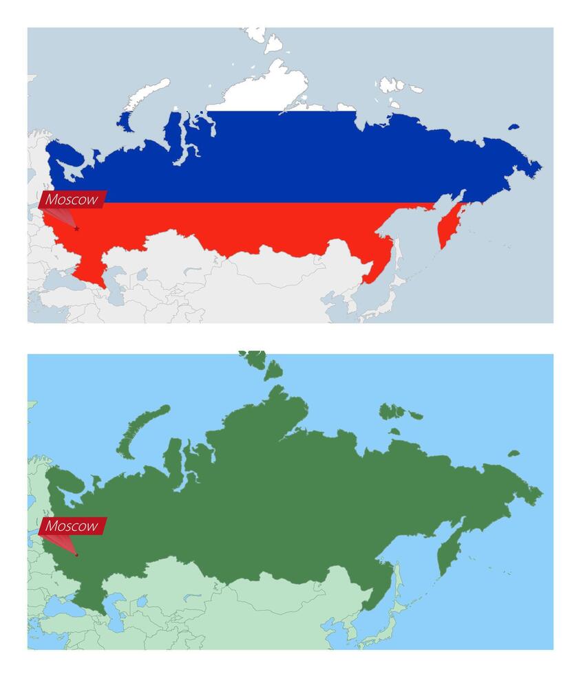 Russia map with pin of country capital. Two types of Russia map with neighboring countries. vector