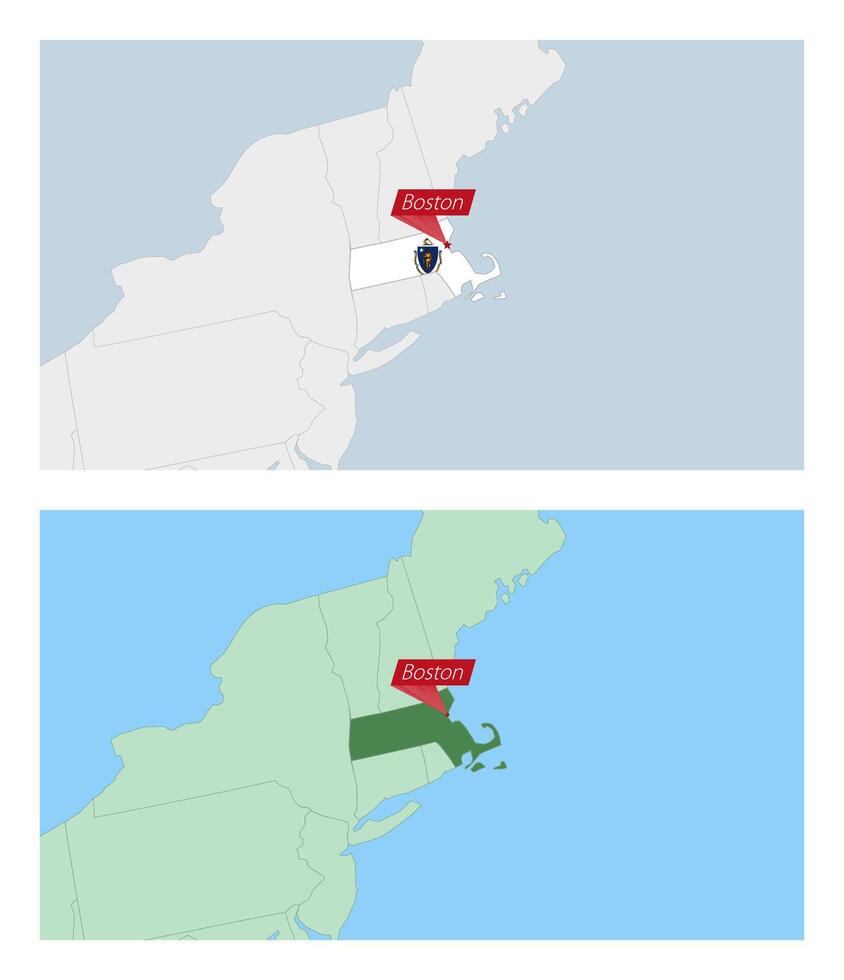 Massachusetts map with pin of country capital. Two types of Massachusetts map with neighboring countries. vector