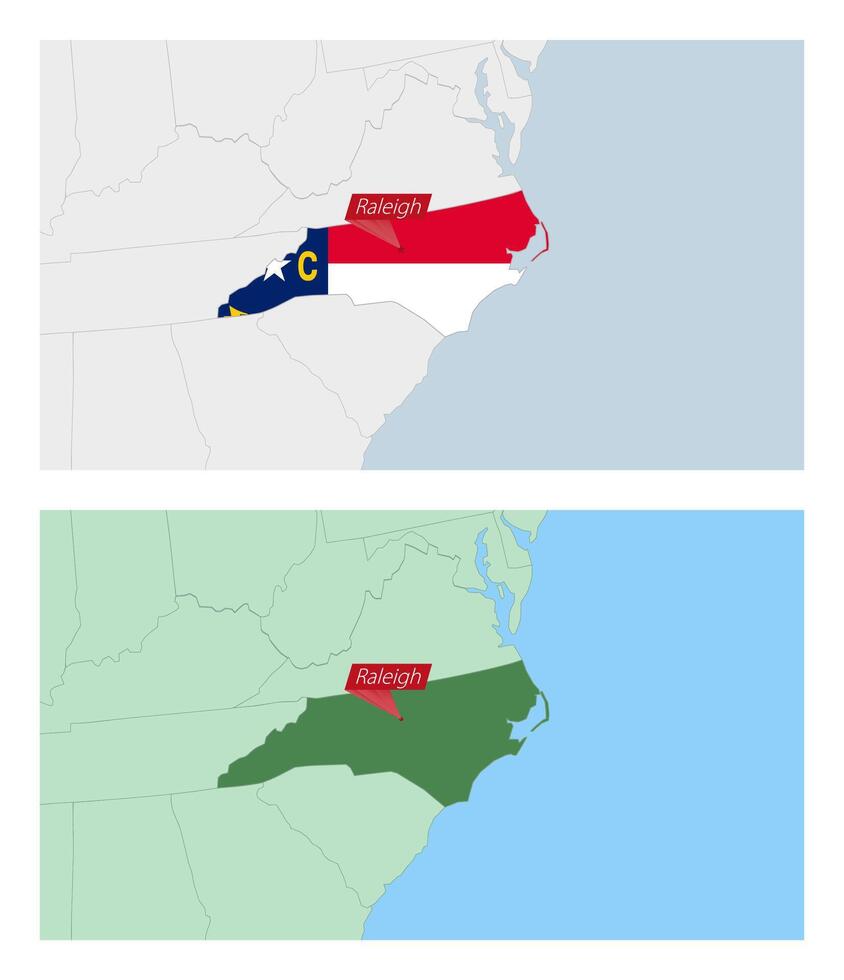 North Carolina map with pin of country capital. Two types of North Carolina map with neighboring countries. vector