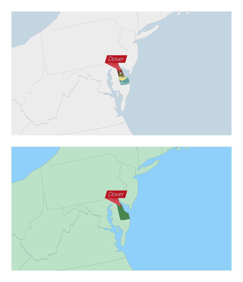 Delaware map with pin of country capital. Two types of Delaware map with neighboring countries. vector