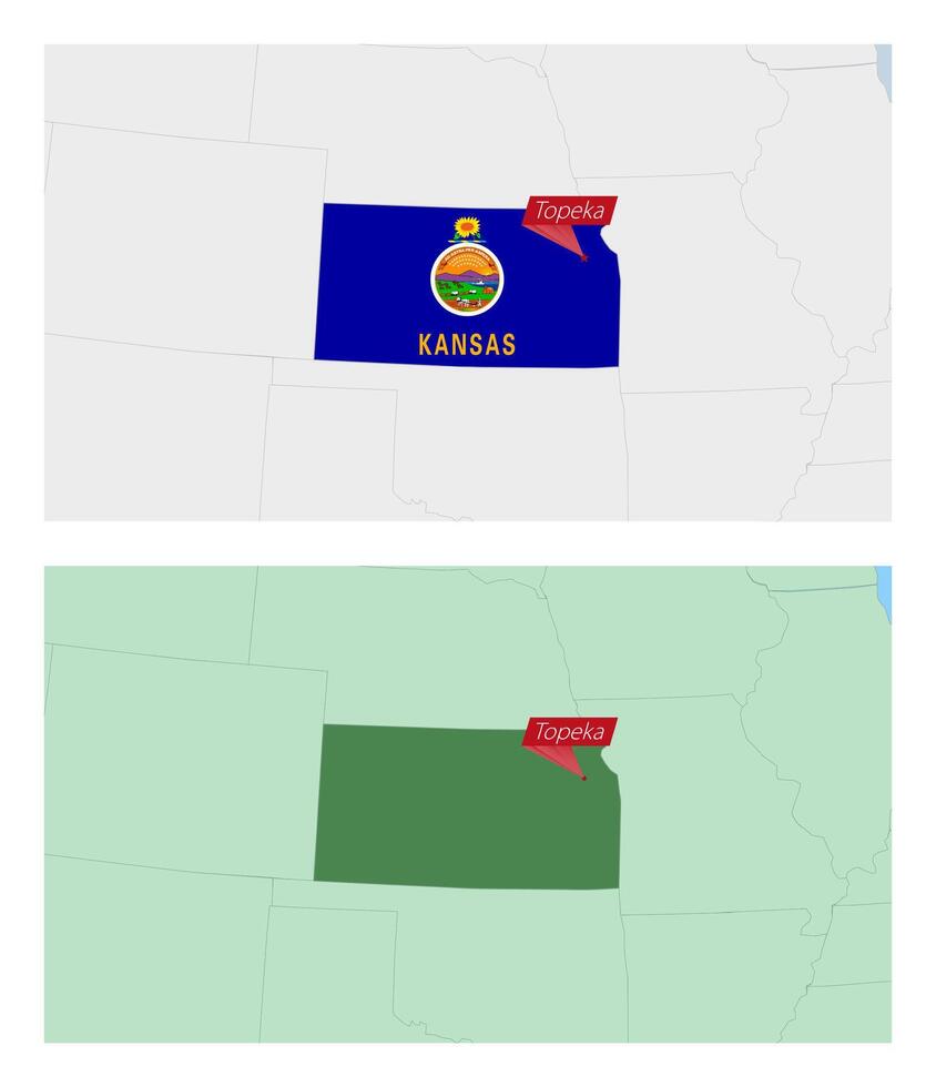 Kansas map with pin of country capital. Two types of Kansas map with neighboring countries. vector