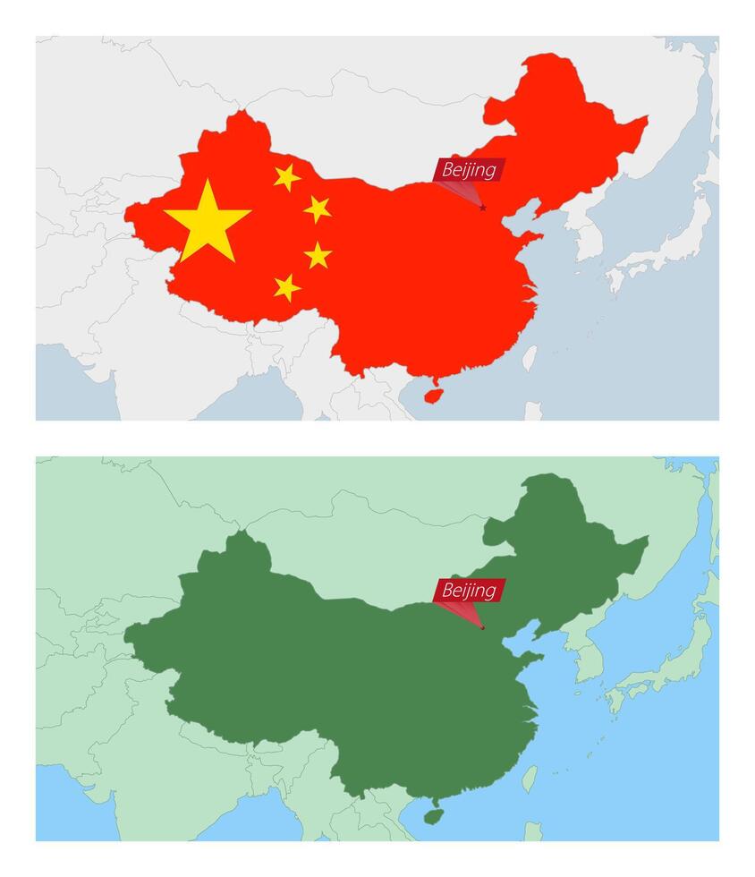 China map with pin of country capital. Two types of China map with neighboring countries. vector