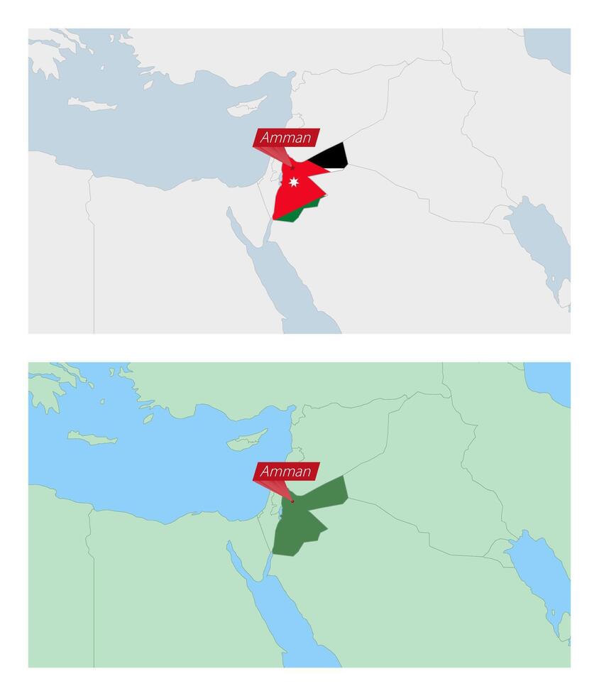 Jordan map with pin of country capital. Two types of Jordan map with neighboring countries. vector